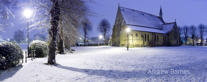 All Saints' church in the snow.
