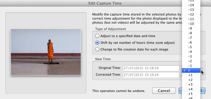 The Lightroom "Edit Capture Time" dialog, showing the whole hour increments for adjusting time zones.