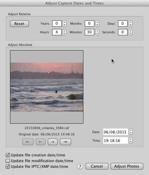 The Photo Mechanic "Adjust Capture Dates and Times" dialog, showing how one can easily adjust the capture time for a series of images by four and a half hours.